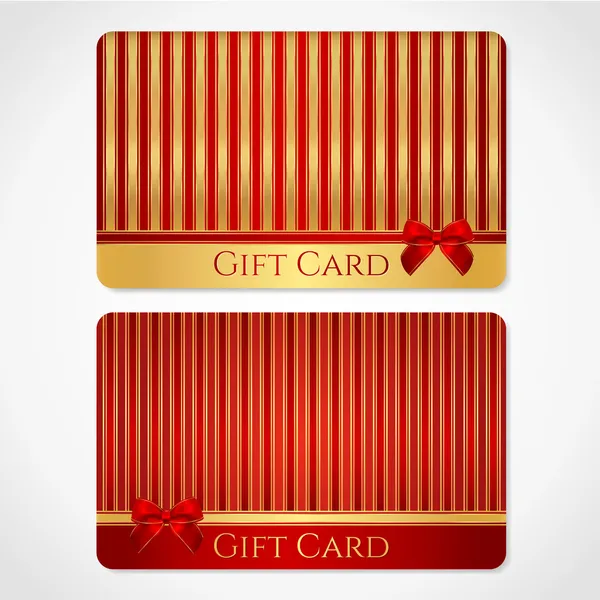 Červené a zlaté gift card (slevová karta) s pruhovaný vzor a červenou mašli (stuhy) — Stockový vektor