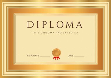 Horizontal Diploma or Certificate (template) with guilloche pattern (watermarks), bronze and gold border clipart