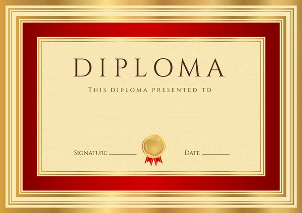 Horizontal Diploma or Certificate (template) with guilloche pattern (watermarks), gold, red border and first place golden medal — Stock Vector