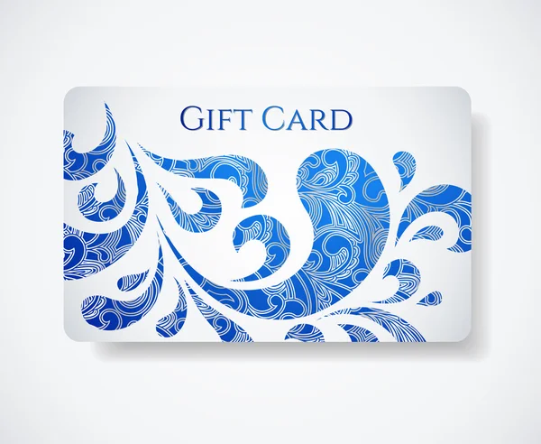 Carte cadeau blanche (carte de réduction) avec motif bleu floral (défilement). Utile pour carte de visite, coupon cadeau, bon, invitation, billet, etc. — Image vectorielle