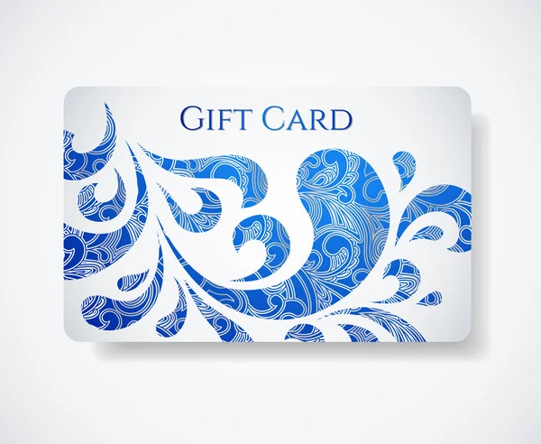 White gift card (discount card) with floral blue pattern (scroll). Useful for business card, gift coupon, voucher, invitation, ticket etc — Stock Vector