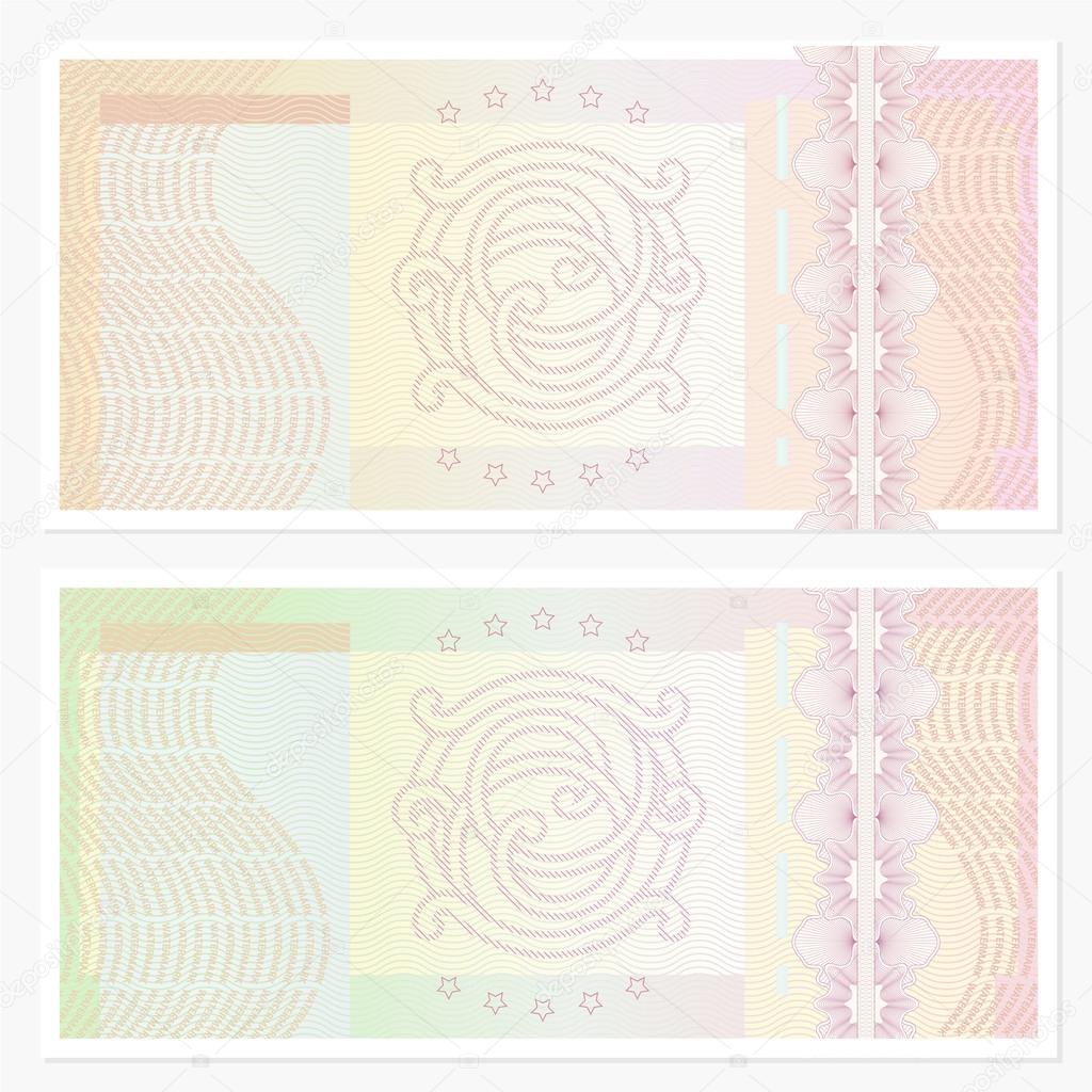 Voucher template with guilloche pattern (watermarks) and border. This background design usable for gift voucher, coupon, banknote, certificate, diploma, check (cheque), currency etc.
