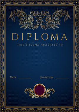 Dikey koyu mavi diploma (sertifika) guilloche desen (filigran) ve altın çiçek kenarlıklı tamamlanma (şablon)