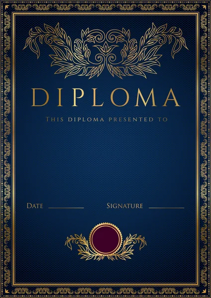 Vertical dark blue diploma (certificate) of completion (template) with guilloche pattern (watermarks) and golden floral border — Stock Vector