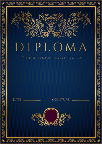 Vertical dark blue diploma (certificate) of completion (template) with guilloche pattern (watermarks) and golden floral border