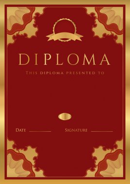 Tamamlama (şablon) guilloche desen (filigran) ve altın çiçek kenarlık dikey koyu kırmızı (Bordo) diploması. Sertifika, davetiye, hediye çeki, kupon, resmi vb için kullanılabilir
