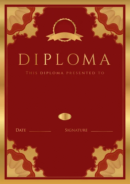 Diploma vertical rojo oscuro (granate) de terminación (plantilla) con patrón guilloche (marcas de agua) y borde floral dorado. Utilizable para certificado, invitación, vale de regalo, cupón, etc oficial — Archivo Imágenes Vectoriales