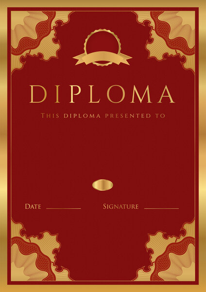 Вертикальный темно-красный (maroon) диплом о высшем образовании (template) с рисунком гильоше (водяные знаки) и золотистой цветочной каймой. Используется для получения сертификата, приглашения, подарочного сертификата, купона, официального и т.д.
