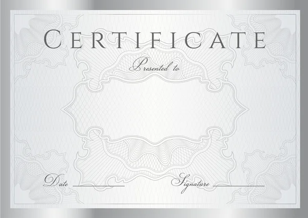 Certificado de conclusão horizontal prata (modelo) com guilhochê padrão (marcas d 'água) e borda. Este design de fundo utilizável para diploma, convite, vale-presente, cupom, etc oficial . — Vetor de Stock