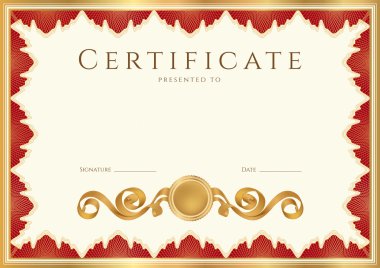 Tamamlama (şablon) guilloche desen (filigran) ve altın, kırmızı (Bordo ya da vinous) çiçek kenarlıklı yatay sertifikası. Sertifika, davetiye, hediye çeki, kupon vb için arka plan.
