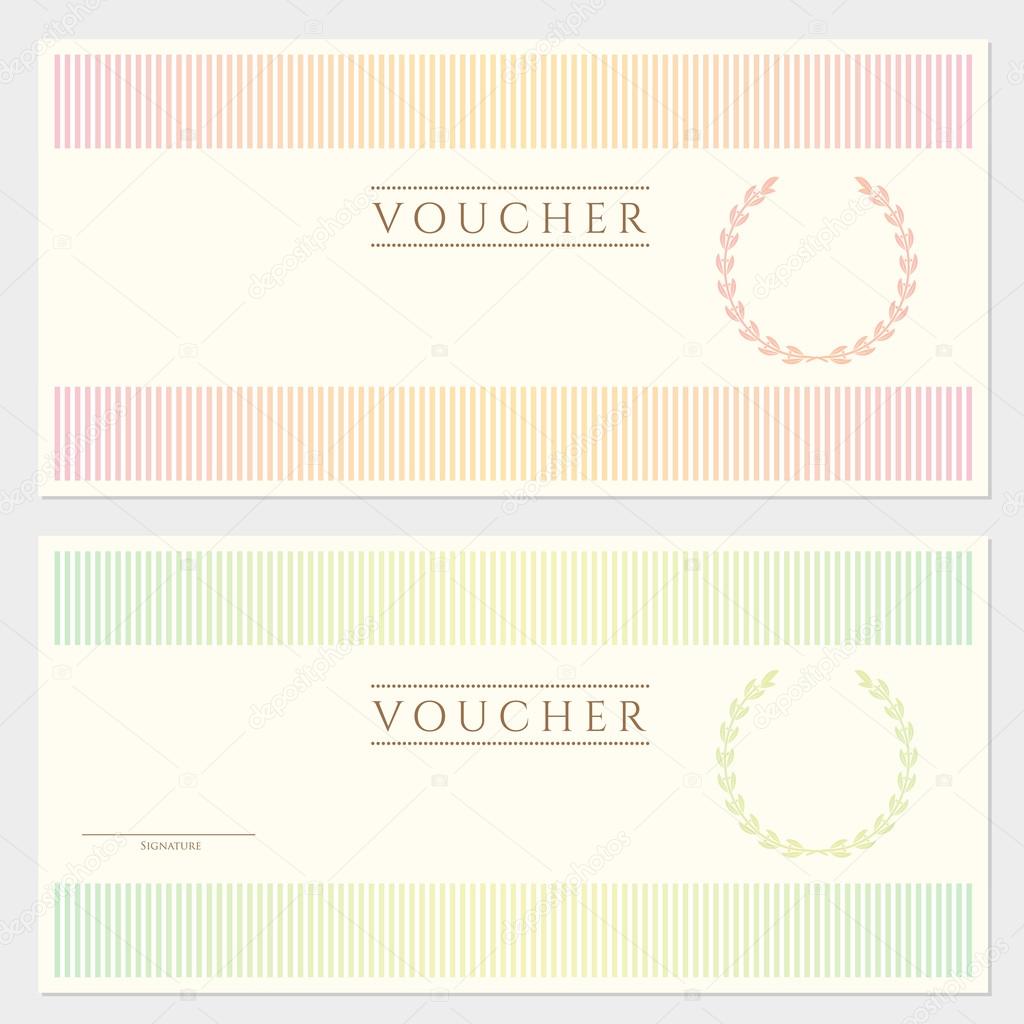 Voucher template with colorful stripy pattern and border. Background designe for gift voucher, coupon, banknote, certificate, diploma, currency, check, cheque, money design etc.