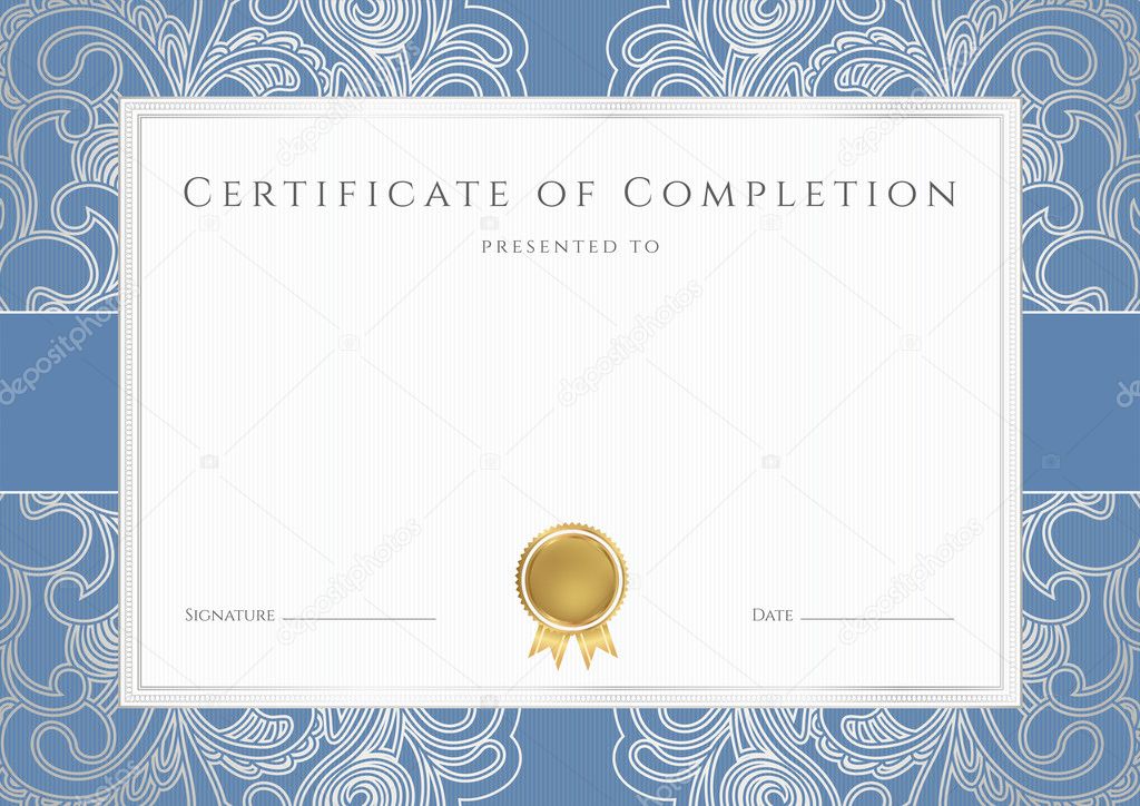 Horizontal certificate of completion (template) with floral pattern (watermarks), blue border and gold medal (insignia). Background design usable for diploma, invitation, gift voucher, official etc.