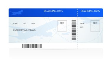 Mavi biniş kartı (Bilet) uçak (uçak veya uçak) siluet ile arka plan üzerinde. Tarafından hava taşımacılığı seyahat. İyi tatiller. Beyaz arka plan üzerinde izole vektör çizim