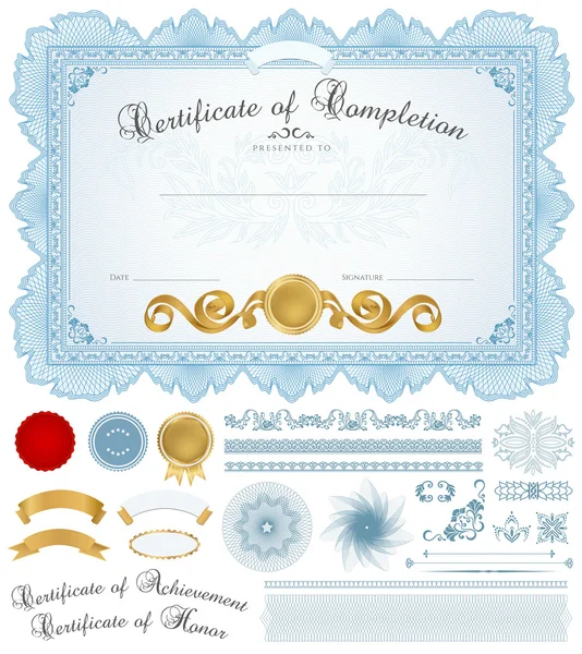 Certificado azul horizontal de finalización (plantilla) con patrón de guilloche (marcas de agua), bordes, medalla (insignia) y elementos de diseño. Diseño de fondo utilizable para diploma, invitación o premios — Vector de stock