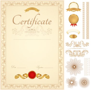 Tamamlama (şablon) guilloche desen (filigran), kenarlıklar, madalya (kavrama) ve tasarım öğeleri dikey mavi sertifikası. arka plan tasarım diploma, davet veya ödül için kullanılabilir