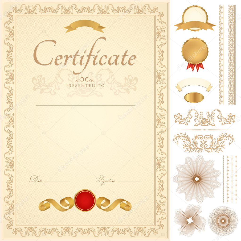 Vertical blue certificate of completion (template) with guilloche pattern (watermarks), borders, medal (insignia), and design elements. Background design usable for diploma, invitation or awards