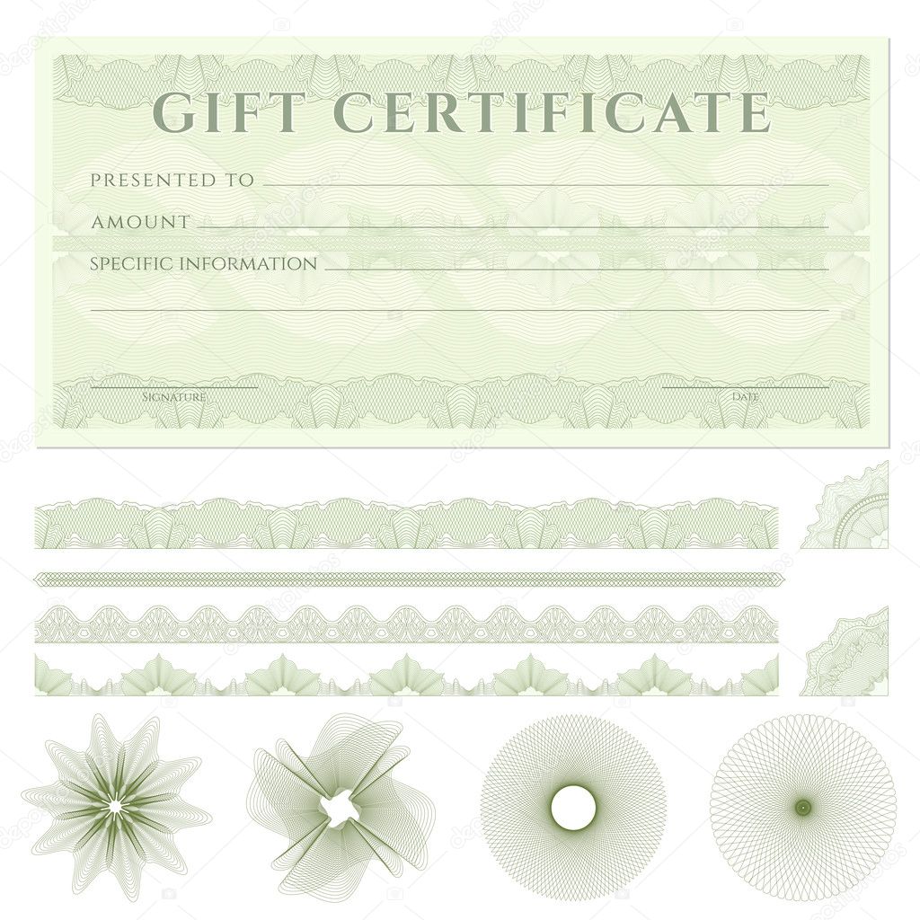 Gift certificate (voucher) template with guilloche pattern (watermarks), borders and design elements. Background usable for coupon, banknote, diploma, money design, currency, check, cheque etc.
