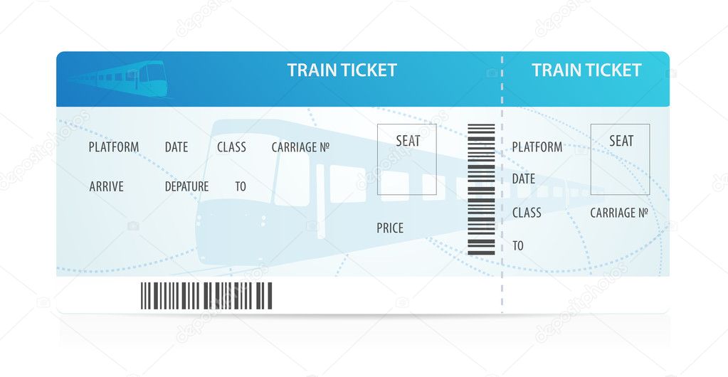 Vector Train ticket template (layout) with train silhouette on background. Travel by Railway Transport. Enjoy your vacation. Isolated illustration on white background