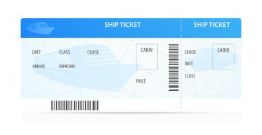 Gemi bileti şablonuyla (düzen) siluet vektör. Cruise liner (aktarım) tarafından seyahat. İyi tatiller. Beyaz arka plan üzerinde izole illüstrasyon