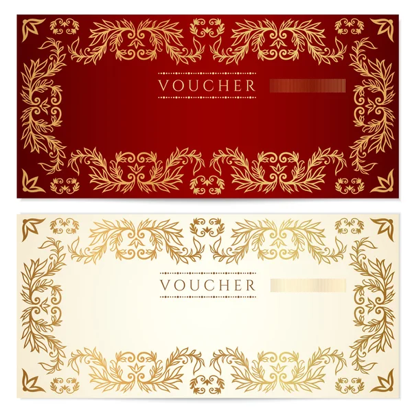 Voucher (gift certificate) template with pattern, floral border. Background usable for gift voucher, coupon, banknote, certificate, diploma, currency, check, cheque. Vector in gold, red (maroon) color — Stock Vector