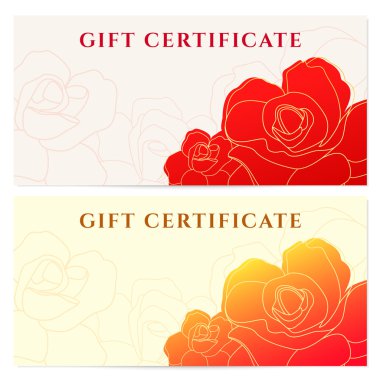 hediye sertifikası (fiş) şablonu çiçek deseni (soyut rose). arka plan tasarım usable kupon, davetiye, tebrik kartı, Çek, çek. Sarı, kırmızı renklerde vektör