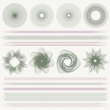 set (koleksiyon) renkli Filigranlar ve sınırlar. para tasarım, fiş, para birimi, hediye çeki, kupon, banknot, diploma, Çek, Çek, Not için Guilloche desen (satır öğeleri)