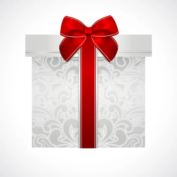 Caja de regalo de plata con patrón floral y lazo rojo (cinta). Símbolo de celebración vectorial para (día de San Valentín, día de la madre, Navidad y otras fiestas). Diseño de fondo útil para la tarjeta de felicitación — Vector de stock