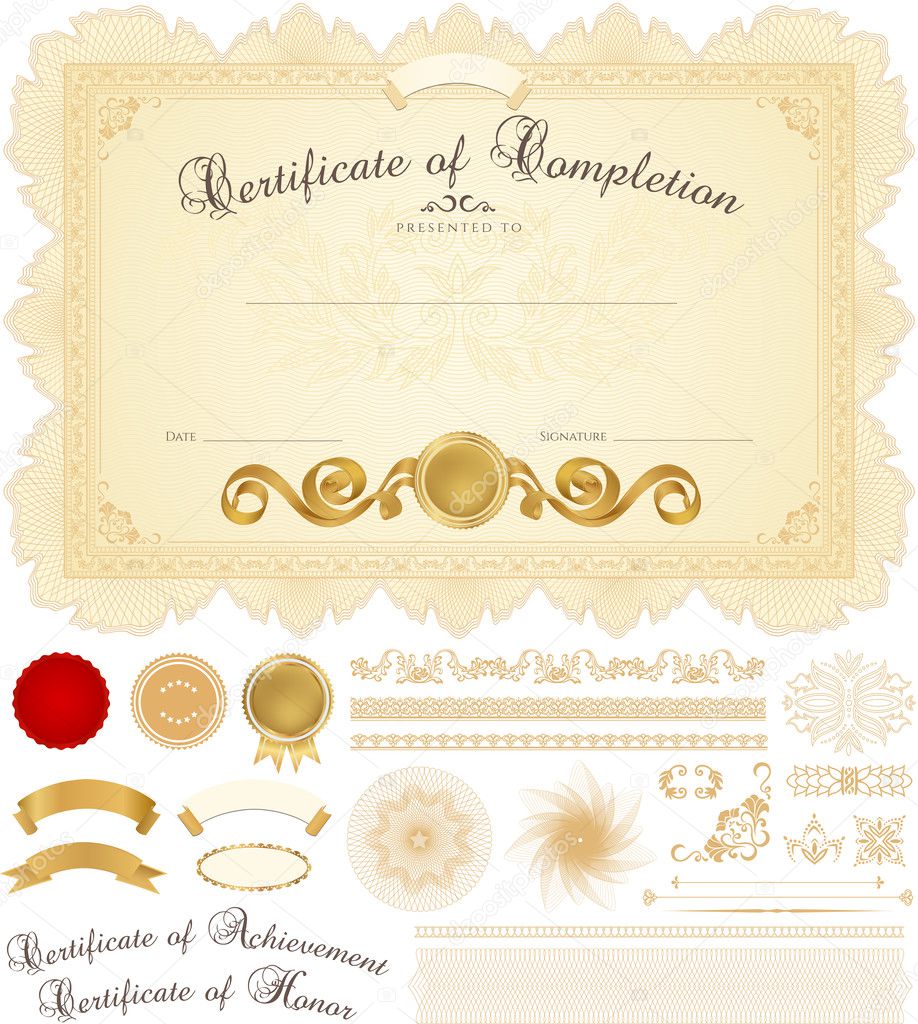 Certificate of completion (template or sample background) with guilloche pattern (watermarks), borders, medal, and elements. Design for diploma, gift voucher, official, awards (winner). Vector