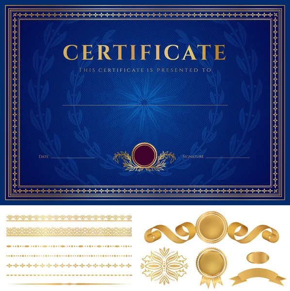 Blauw certificaat van voltooiing (sjabloon of achtergrond) met guilloche patroon (watermerken), gouden randen, medaille, elementen. ontwerp voor diploma, cadeaubon, ambtenaar, awards (winnaar). vector — Stockvector