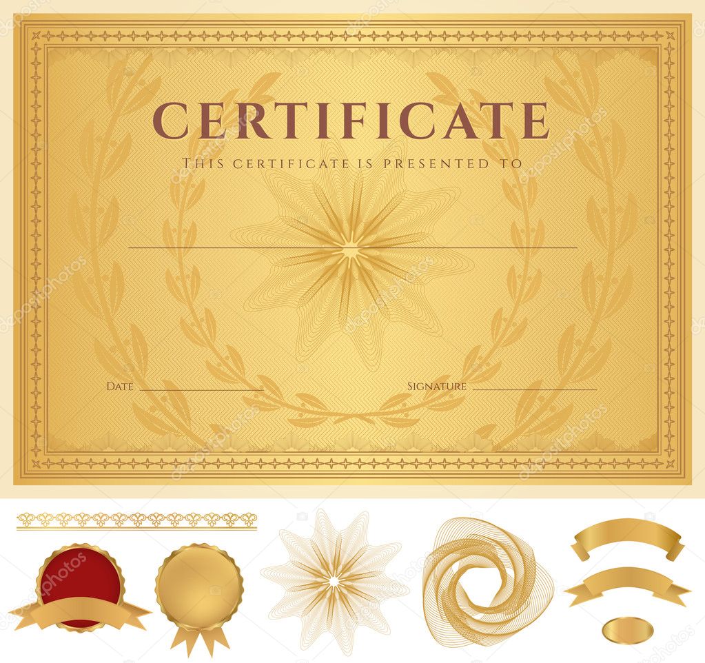 Certificate of completion (template or sample background) with guilloche pattern (watermarks), golden borders, medal, elements. Design for diploma, gift voucher, official, awards (winner). Vector