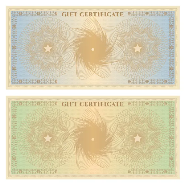 Cadeaubon (waardebon) sjabloon met guillochepatroon (watermerken) en rand. achtergrond voor coupon, bankbiljetten, geld ontwerp, valuta, opmerking, selectievakje, cheque. vector in vintage kleuren (groen, blauw) — Stockvector