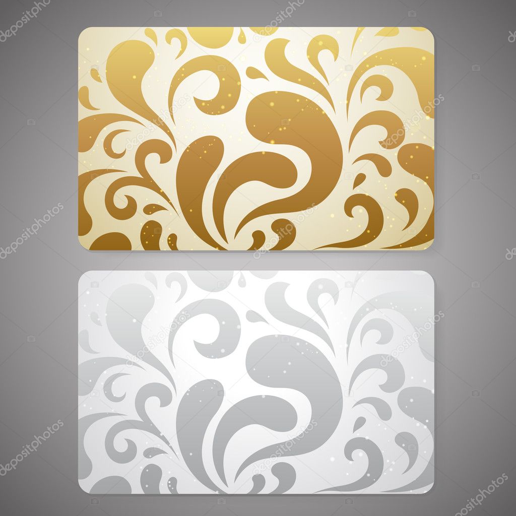 Gift card (discount card or business card) with floral (scroll shape) gold, silver pattern. Background design for gift coupon, voucher, invitation, ticket etc. Vector