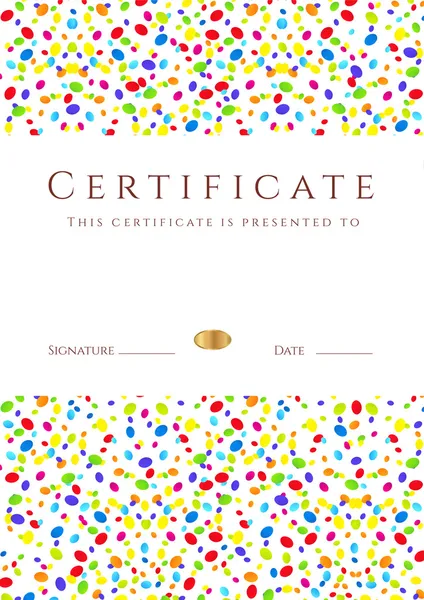 Certificado vertical colorido de finalización (plantilla para vacaciones o niños) con fondo abstracto brillante. Utilizable para diploma, invitación, vale de regalo, cupón o premios. Vector — Archivo Imágenes Vectoriales