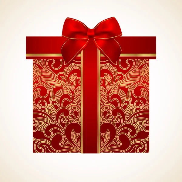 Červená dárková krabička s zlatým květinovým vzorem a luk (stuha). Vektoru symbol oslav (současné) pro (st' valentin den, den matek, Vánoce a ostatní svátky). pozadí design na přání — Stockový vektor