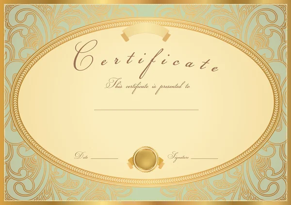 Certificate of completion (template or sample background) with flower pattern (scroll), golden vintage border. Design for diploma, invitation, gift voucher, official, ticket, awards (winner). Vector — Stock Vector