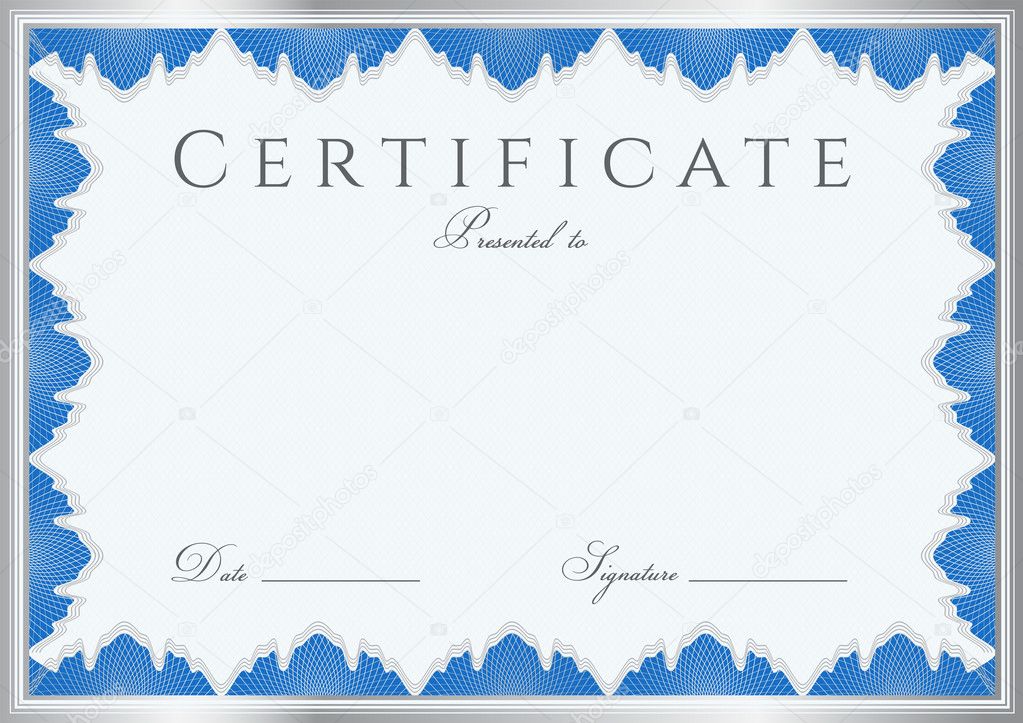Blue Certificate of completion (template or sample background) with guilloche pattern (watermarks), border. Design for diploma, invitation, gift voucher, official, ticket or awards (winner). Vector