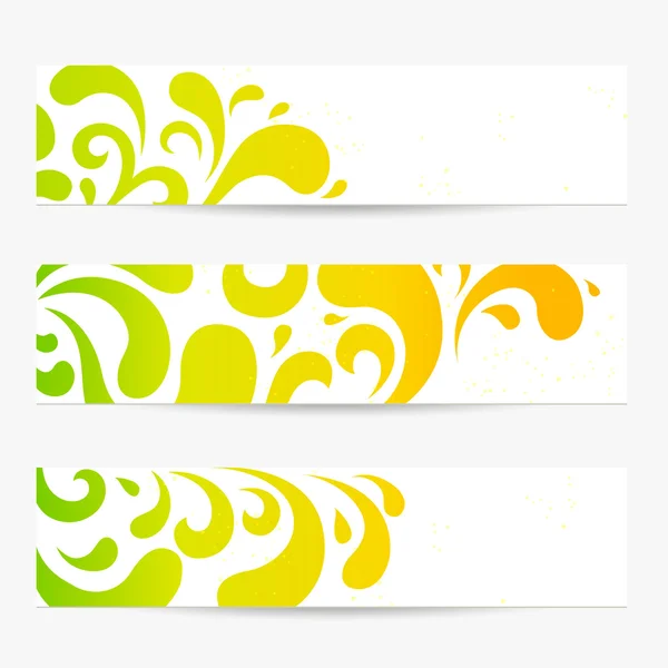 Conjunto de vetores: Banners. Fundos abstratos coloridos com padrão floral (redemoinho, rolagem, forma de gota). Design contemporâneo útil para o site (layout de cabeçalho web), folheto, anúncios de informações, bilhete, cupom — Vetor de Stock