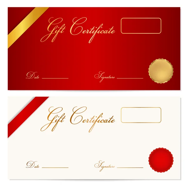 Cheque, Certificado de regalo, Plantilla de cupón con cinta, cera de sello. Diseño de fondo para invitación, billete, diploma, diseño de dinero, moneda, cheque, cheque. Vector en oro, rojo (granate) colores — Vector de stock