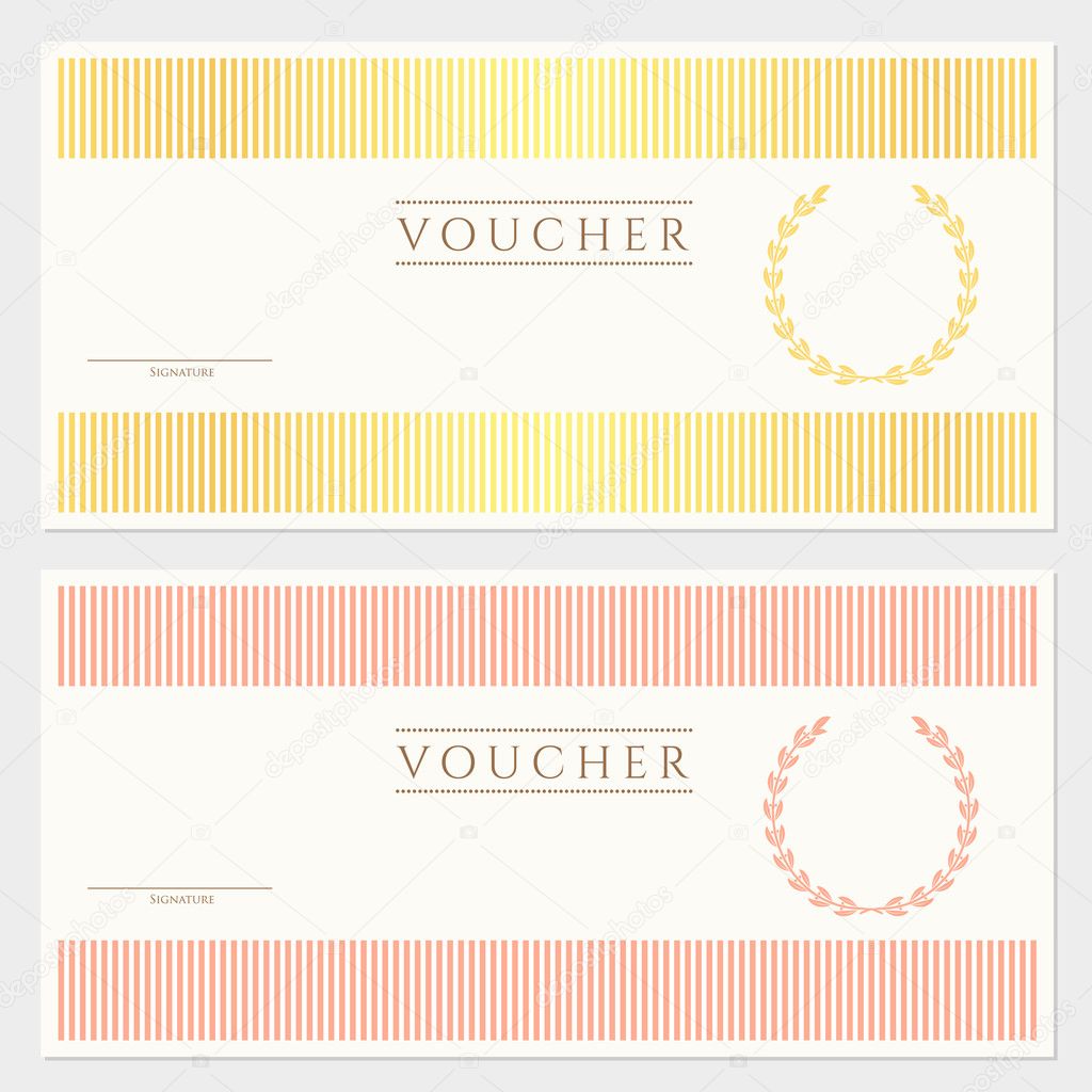 Voucher, Gift certificate template with colorful stripy pattern and border. Background usable for coupon, banknote, money design, currency, note, cheque, ticket, check etc. Vector in vintage color