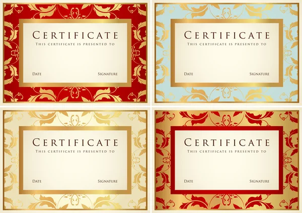 Certificado de finalización (plantilla o muestra de fondo) con patrón de flores (desplazamiento), vintage dorado, marco. Diseño para diploma, invitación, vale de regalo, boleto, premios (ganador). Conjunto de vectores — Vector de stock