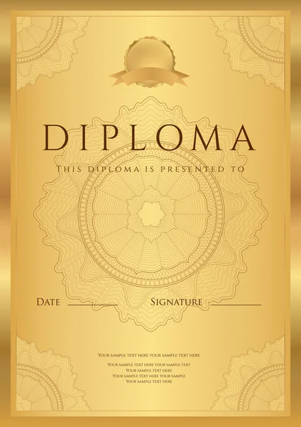 Gold Diploma of completion (template or sample blank background) with guilloche pattern (watermark), borders. Design for Certificate, invitation, gift voucher, official, ticket, award (winner). Vector — Stock Vector