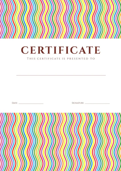 Certifikát o dokončení (šablony nebo vzorek pozadí) s barevnými (světlé, rainbow) vlna vzor čáry a místo pro text. design pro diplom, pozvánka, dárkový poukaz, lístek, ocenění. vektor — Stockový vektor