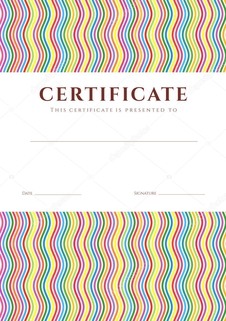 Certificate of completion (template or sample background) with colorful (bright, rainbow) wave lines pattern and place for text. Design for diploma, invitation, gift voucher, ticket, awards. Vector