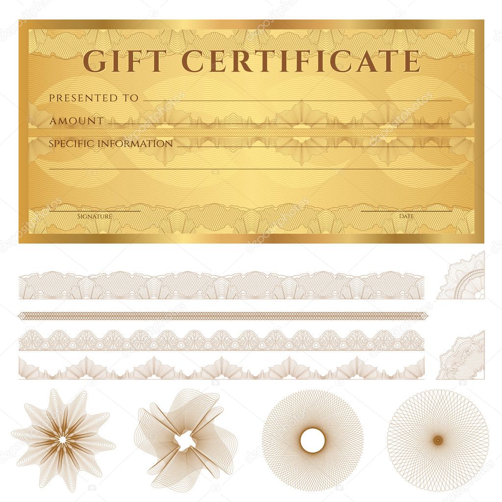 Gift certificate, Voucher, Coupon template (layout). Guilloche pattern (watermarks), border. Background for banknote, money design, currency, cheque, note, check, ticket, reward. Cold color. Vector