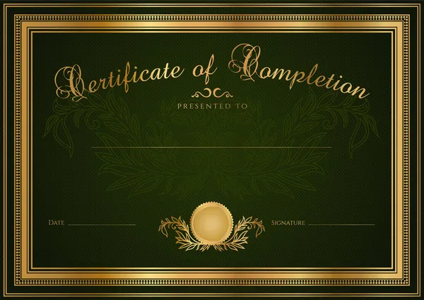 Groen certificaat van voltooiing (sjabloon of lege achtergrond) met guilloche patroon (watermerk), gouden randen. ontwerp voor diploma, uitnodiging, cadeaubon, ambtenaar, award (winnaar). vector — Stockvector