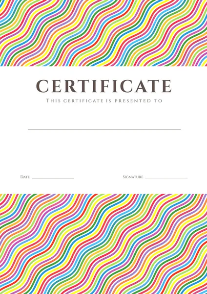 Certificado de conclusão (modelo ou fundo de amostra) com colorido (brilhante, arco-íris) padrão de linhas de onda e lugar para o texto. Design de diploma, convite, vale-presente, bilhete, prêmios. Vetor — Vetor de Stock