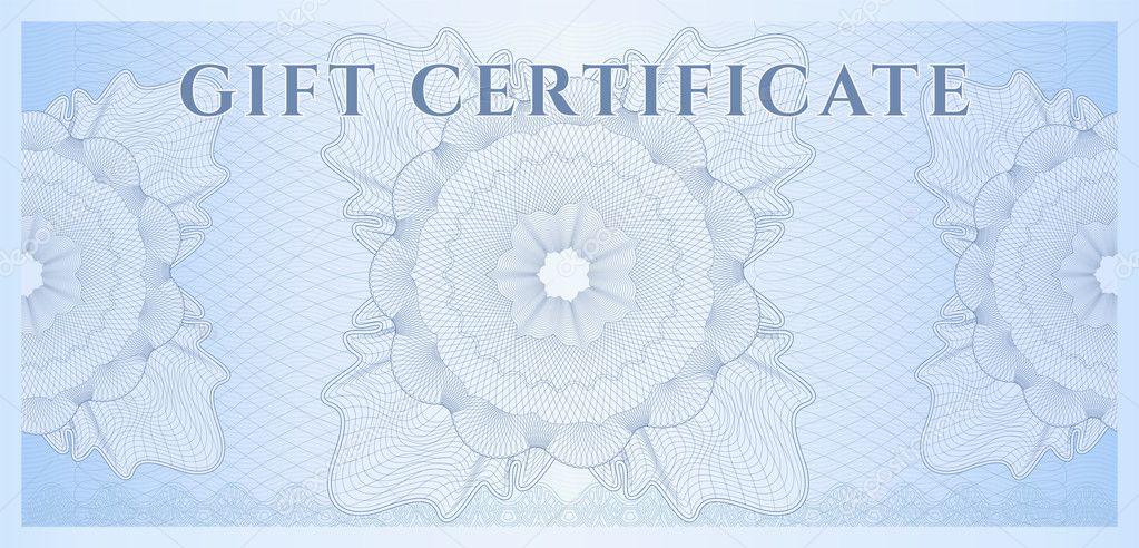 Gift certificate, Voucher, Coupon template (layout) with guilloche pattern (watermarks), border. Background for banknote, money design, currency, cheque, check, ticket, reward. Blue color. Vector