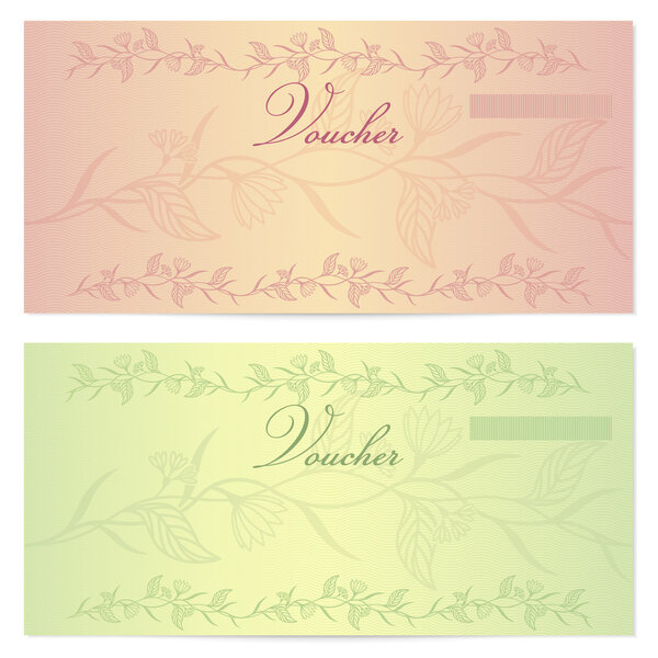 Gift certificate, Voucher, Coupon template (layout) with floral pattern (watermark), border. Background for banknote, money design, currency, cheque, check, ticket, reward. Green, peach color. Vector