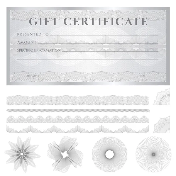 Gift certificate, Voucher, Coupon template (layout). Guilloche pattern (watermark), border. Background for banknote, money design, currency, note, cheque, check, ticket, reward. Silver color. Vector — Stock Vector