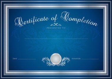 koyu mavi belgesi, diploma tamamlanma (örnek arka plan, tasarım şablonu) (filigran), çiçek desenli kenarlık. için yararlı: başarı, sertifika Eğitim sertifikası Ödülleri